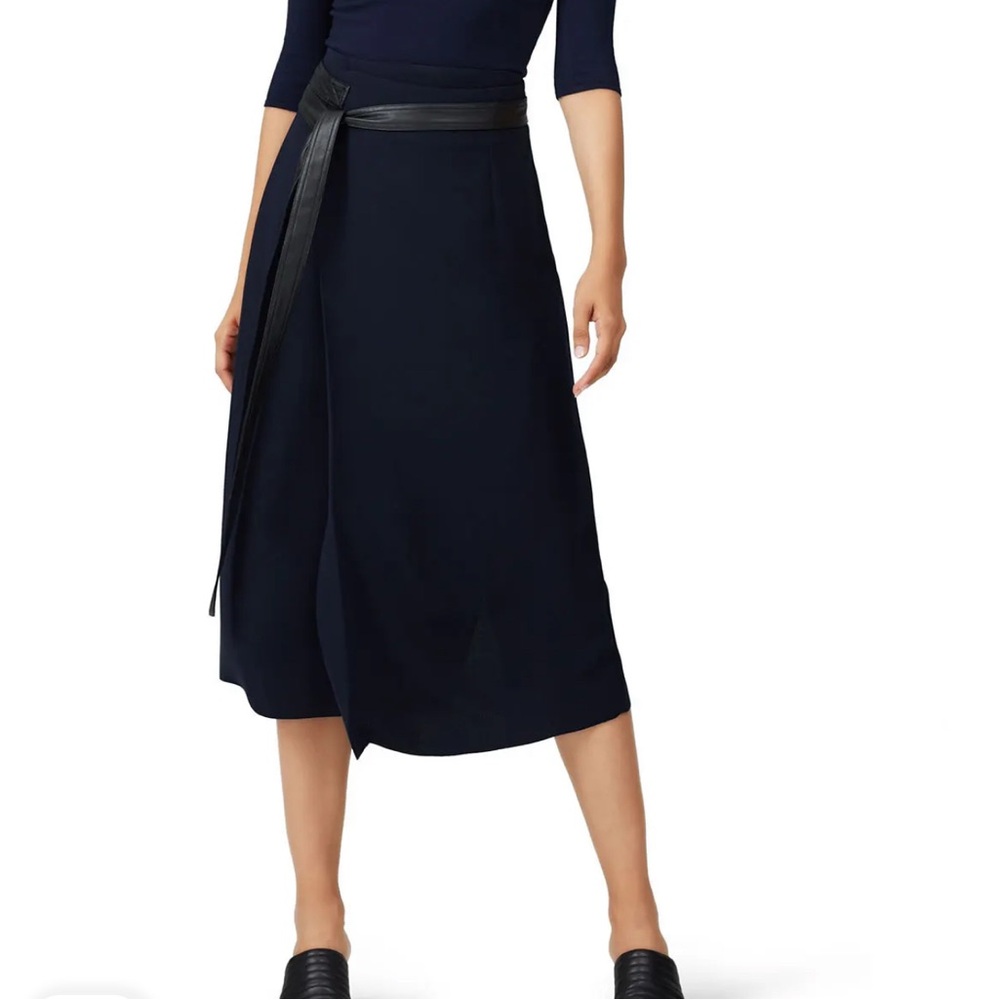 VINCE Navy and black leather midi wrap Skirt